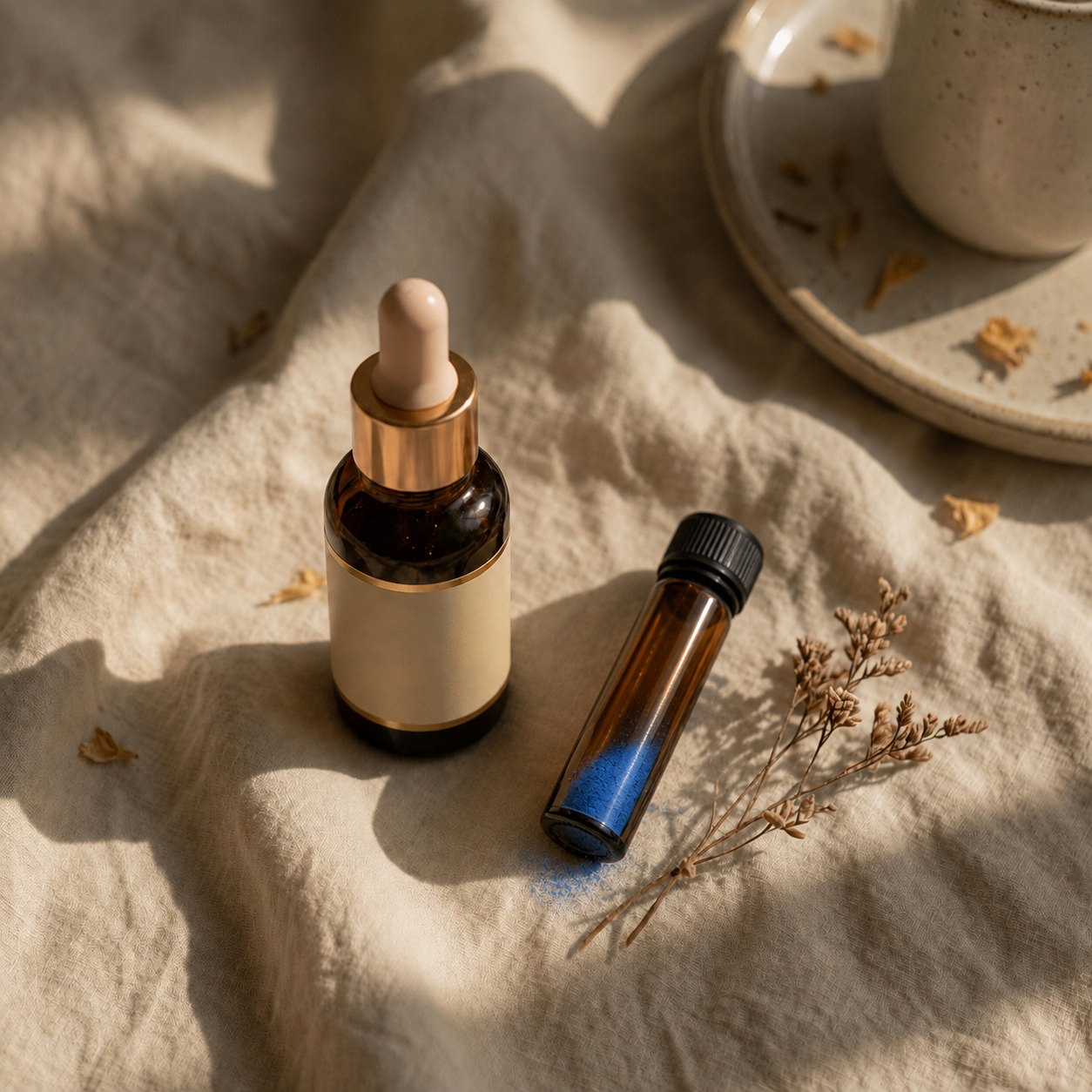 Amber cosmetic preparation bottles with blue GHK-Cu powder on linen